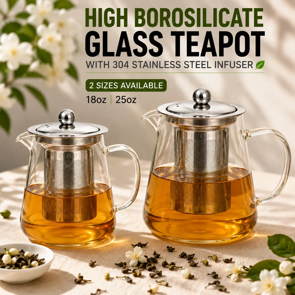 18oz/25oz Glass Teapot with Infuser, Heat Resistant Borosilicate Glass Tea Kettle with Stainless Steel Filter, Non-Drip Spout & Ergonomic Handle, Modern Minimalist Tea Maker for Home Kitchen