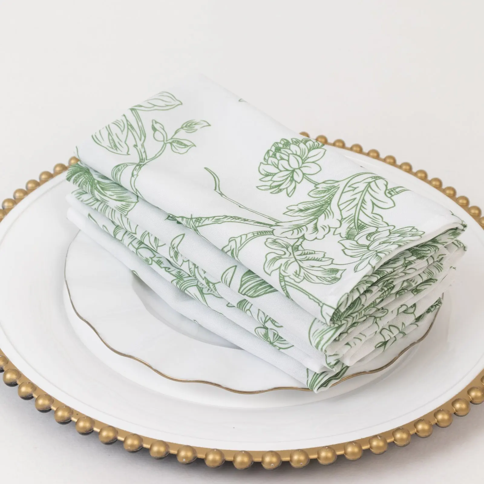 5-Pack French Toile Polyester Decorative Dinner Cloth Napkins - 17"x17" Square Dusty Sage Green & White Floral, Individually Folded Reusable Tableware for Birthday, Events