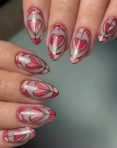 Stained Glass Press On Nails, Pink Heart Transparent Nails, Gold Luxury Fake Nails, Valentine nails, Romantic Acrylic