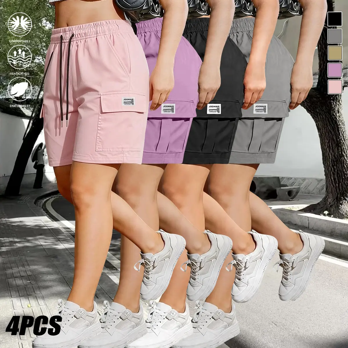 Set of 4 women’s casual cargo shorts, versatile for summer everyday wear and outdoor activities, featuring an elastic drawstring waistband and multiple pockets; suitable for various occasions. Women’s shorts, womenswear.