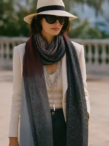 Tiramisu Elegant Paisley Gradient Border Sheer Scarf - Lightweight & Stylish Viscose Acrylic Wrap Shawl for All-Year-Round Wear Thin