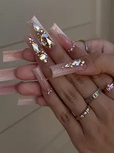 Luxury 3D Rhinestone Elegant Pink Press On Nails | Bling Diamond Crystal Long Square Fake Nails | Handmade Glam for Wedding, Prom & Birthday