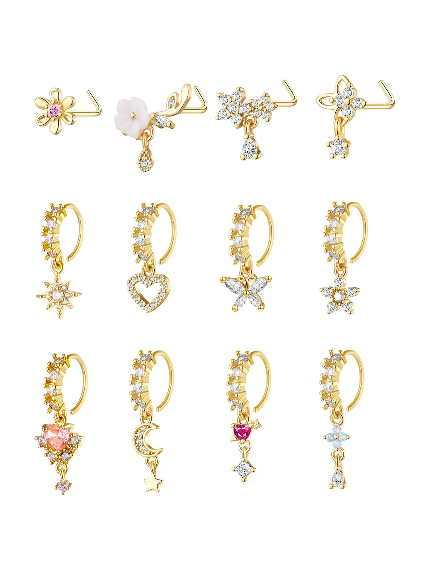 Women's Cz Bling Heart Nose Rings Set, Body Jewelry, Wearable Jewelry, Elegant Copper Jewelry with Rhinestones & Flowers Design, Perfect for Daily Wear & Gifts, Body Jewellery
