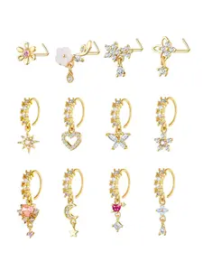 Women's Cz Bling Heart Nose Rings Set, Body Jewelry, Elegant Copper Jewelry with Rhinestones & Flowers Design, Perfect for Daily Wear & Gifts