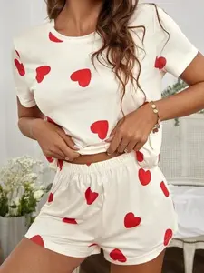 Two-Piece Matching Set Women's Cartoon Cat Print Pyjama Set, Cute Drop Shoulder Tee & Heart Print PJ Shorts, Summer Sleepwear & Loungewear Set for Ladies Pajamas
