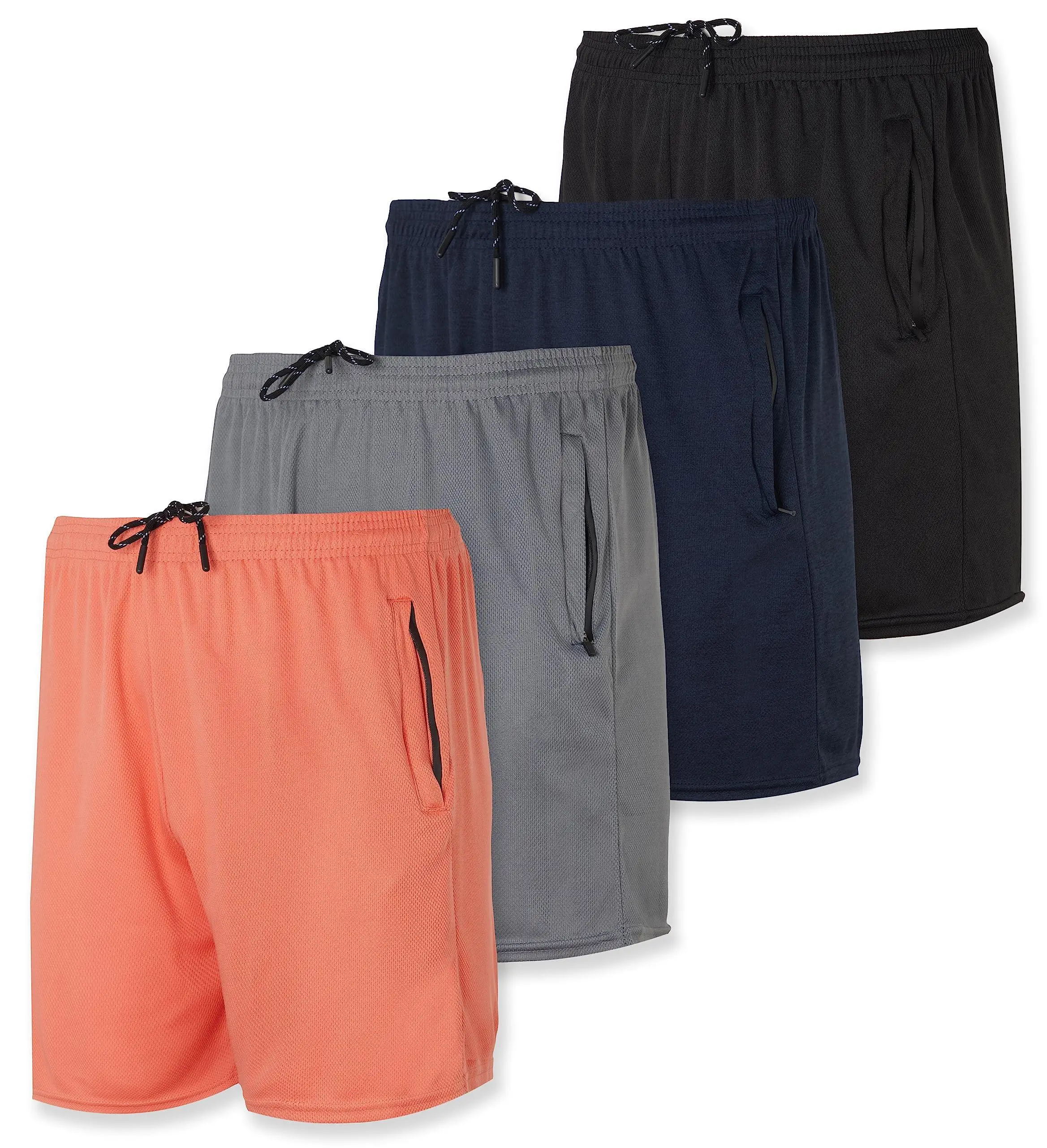 Real Essentials 4 Pack: Men's 5" Mesh Quick-Dry Running Shorts with Zipper Pockets & Drawstring (Available in Big & Tall)