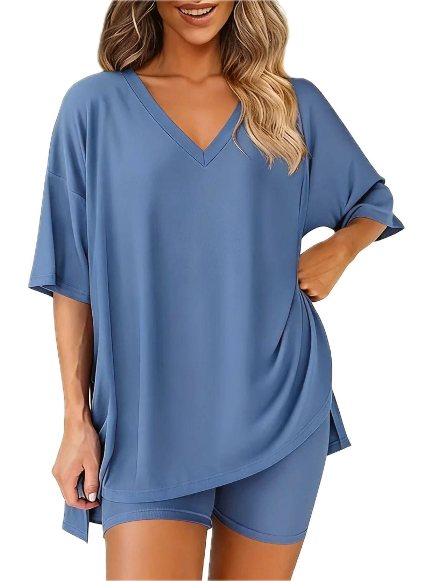 Women's 2 Piece Lounge Sets - Oversized V Neck T-Shirts & Biker Shorts, Casual Reversible Tracksuit, Lightweight Cozy Pjs for Summer Women's 2 Piece Lounge Sets - Oversized V Neck T-Shirts & Biker Shorts, Casual Reversible Tracksuit, Lightweight Cozy Pjs for Summer