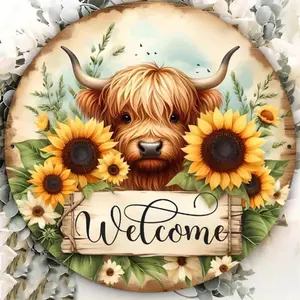 Highland Cow & Sunflower Welcome Sign, Round Vintage Wall Decor, Wall Art for Home, Kitchen, Garden, Office, Garden Welcome Sign