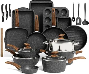 Kitchen Induction Cookware & Bakeware Set - 30 Piece Black Granite Cooking Pans Set, Non-Stick Pots and Pans Set