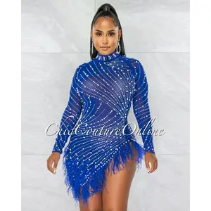 *Rhesa Royal-Blue Rhinestones Pearls & Feathers Mesh Mini Dress