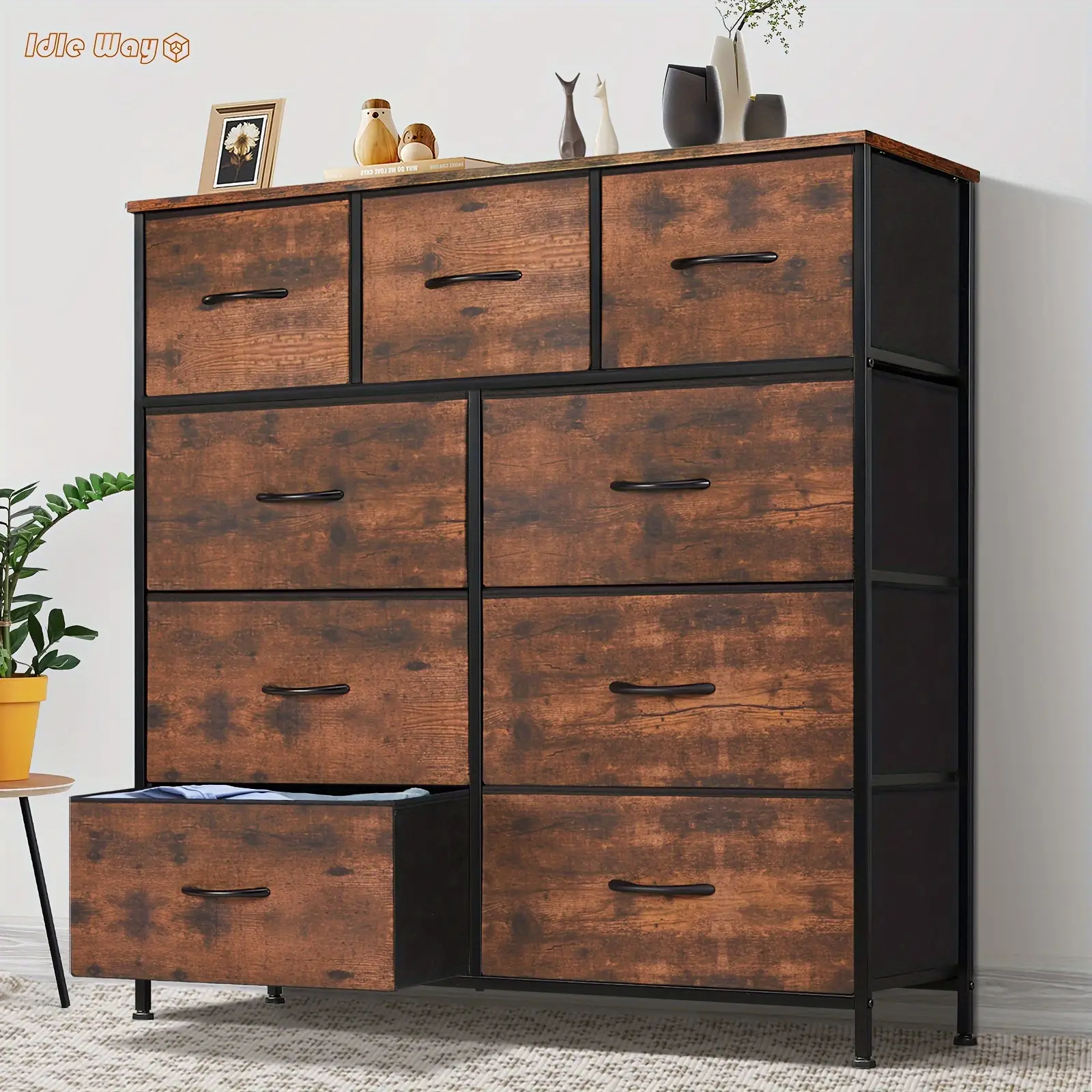 Idle Way Dresser For Bedroom With 9 Drawers, Dresser With Metal Frame And Wood Tabletop, Clothes Drawer Fabric Closet Organizer, Chest Storage Tower F