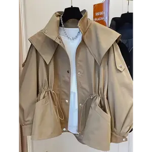 Women's Casual Beige Trench Coat with Drawstring Shoulder Pockets - Long Sleeve Button-Up Jacket, Polyester, Machine Washable, All-Season Style, Allseason Jacket | Chic Shoulder Design | Glossy Finish