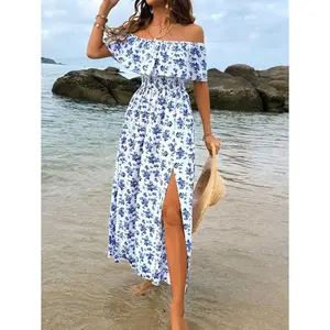 Calvaya Women's Flora Print Off Shoulder High-Low Hem  With Ruffle Trim Maxi Vacation Beach Outfit Standing Collar Stretch Tie Cami  fashion casual strapless  Long Formal Mother of the Bride Boho Floral Midi  kaylor    elegant fall dress lunch   slim fit