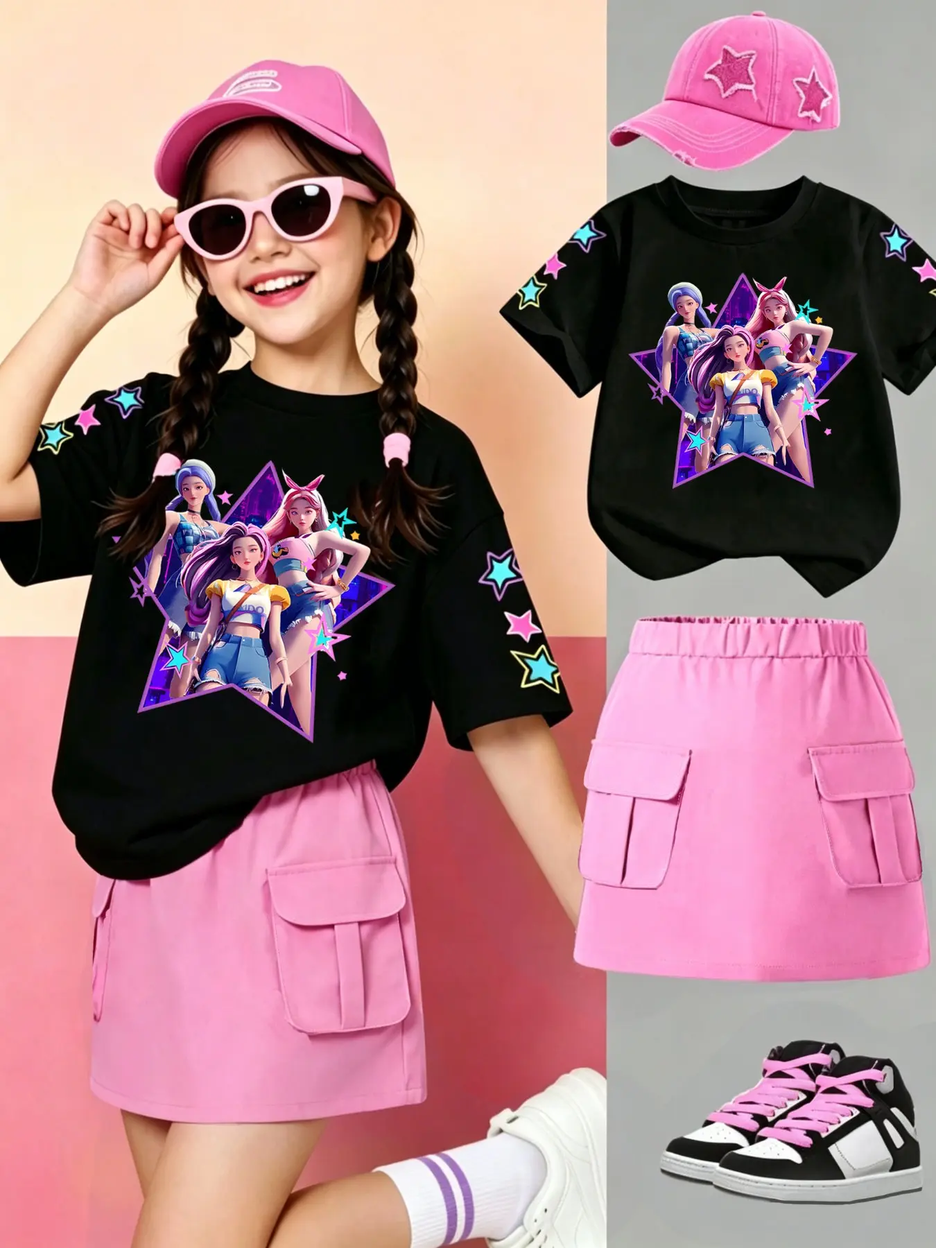 Y2K Style Cute Cartoon Girl Print Kids Set, Clothes Sets, Short Sleeve T-Shirt + Cargo Skirt, Summer Fashion Two-Piece, Summer Outfits Set, Ages 2-4 Years