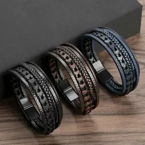 3-Pack Trendy Men's Multi-Layer Bracelets - Alloy Magnetic Buckle Retro Leather Rope Braided Bracelets, Fashion Dressing Accessories