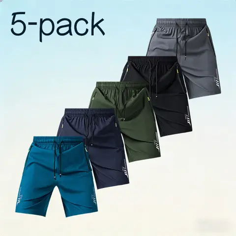 Men’s Ice Silk Quick-Dry Fitted Running Stretch Flex Workout Shorts with Zip Pocket, 5-Pack Set (Black, Navy Blue, Dark Gray, Lake Blue, Forest Green)