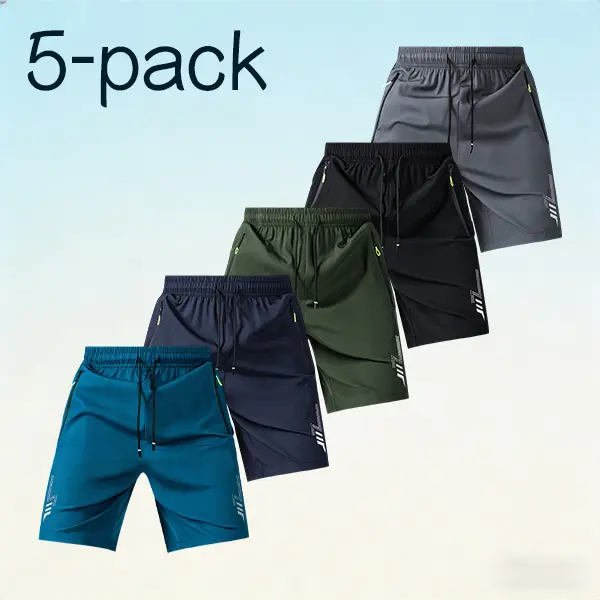 Men’s Ice Silk Quick-Dry Sports Shorts, 5-Pack — Black + Navy Blue + Dark Gray + Lake Blue + Forest Green