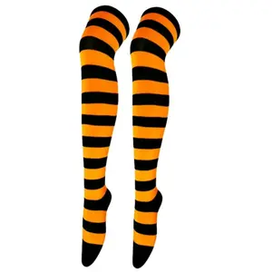 Striped Patterned Socks (Thigh High) Orange and Black Costumes Women