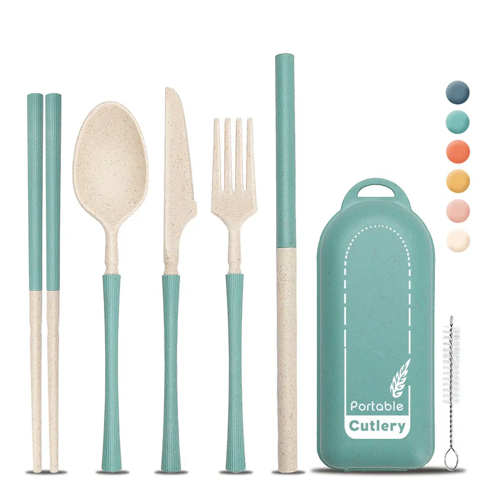 Creative Wheat Straw Striped Cutlery Set Student Outdoor Orange Portable  Dark Blue Tableware