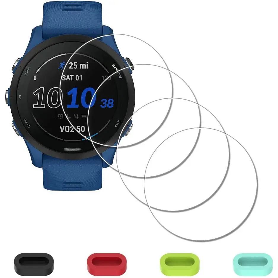 [4 Pack] Screen Protector for Garmin Forerunner 255/255 Music 46mm Smartwatch + Silicone Anti-dust Plugs Tempered Glass Anti-Scratch Bubble-Free