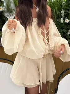 Elegant Floral Lace Round Neck Bubble Sleeve Dress, Belted A-Line Ruffled Chiffon Boho Ruffle Hem Short Dress for Women Spring Summer Casual Elegance Chic