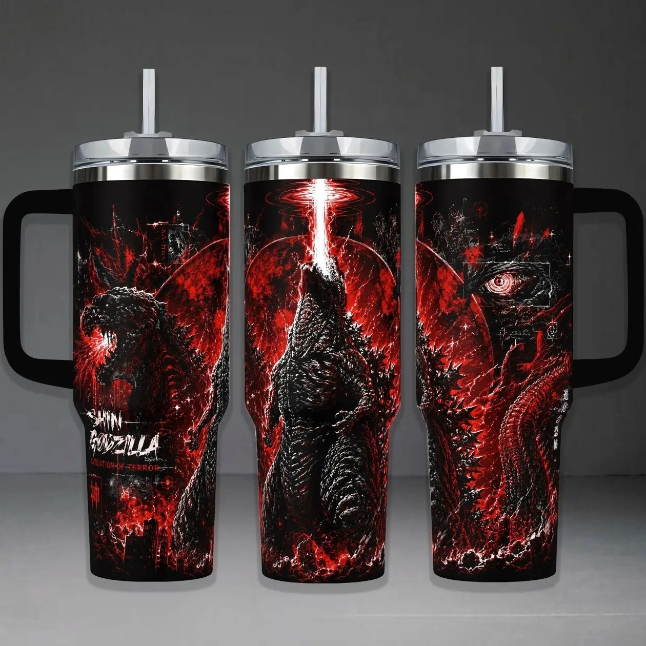 Shin Godzilla Evolution Of Terror Tumbler Cup, Red Black Kaiju Monster Atomic Breath Full Wrap Stainless Steel Insulated Tumbler 40oz With Straw Lid Included