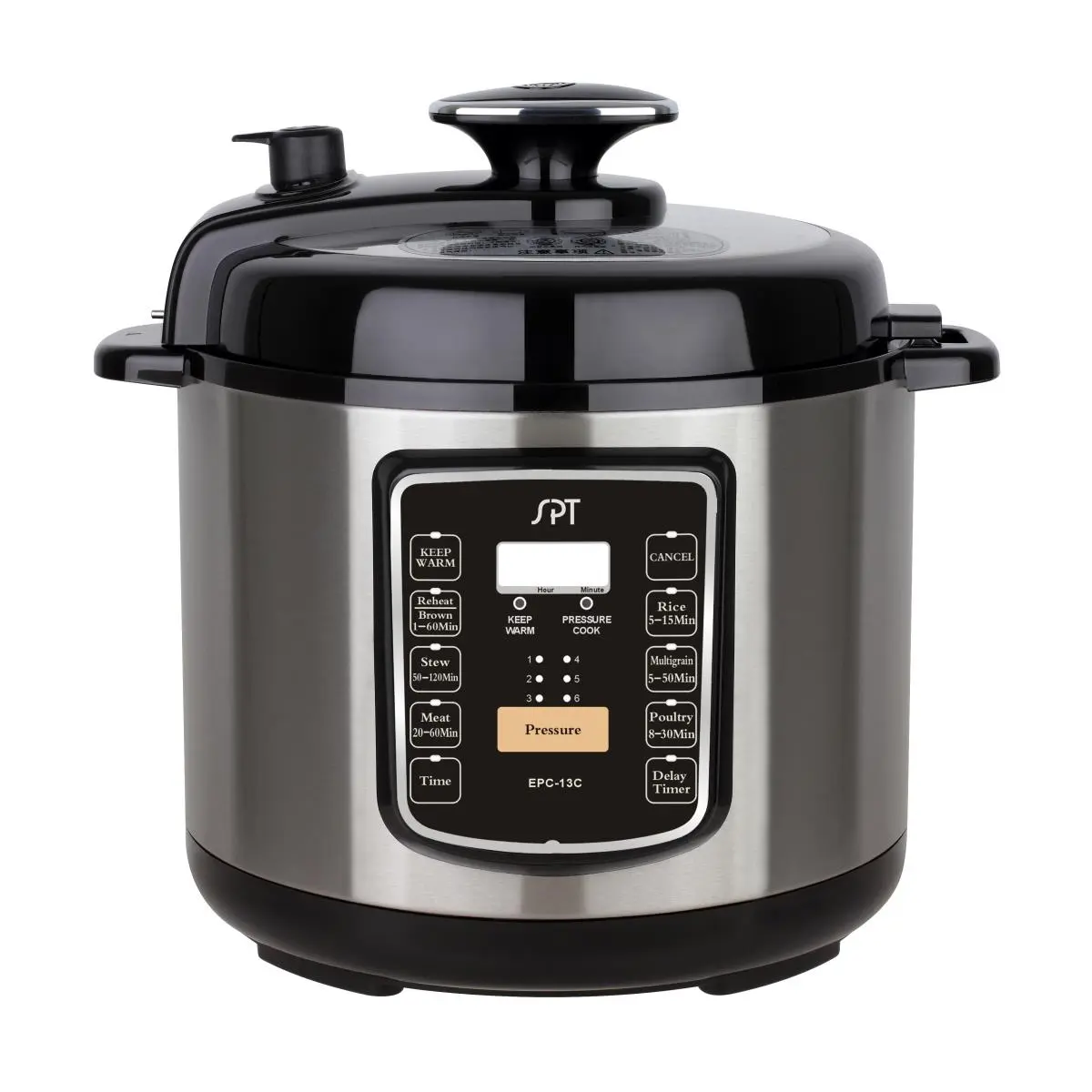 SPT 6.5 qt. Electric Stainless Steel Pressure Cooker - 1000W, 120V, 6 Adjustable Pressure Levels, Button-Operated, Solid Finish Multifunction Appliance for Home Cooking with Quick Release, Pressurecooker