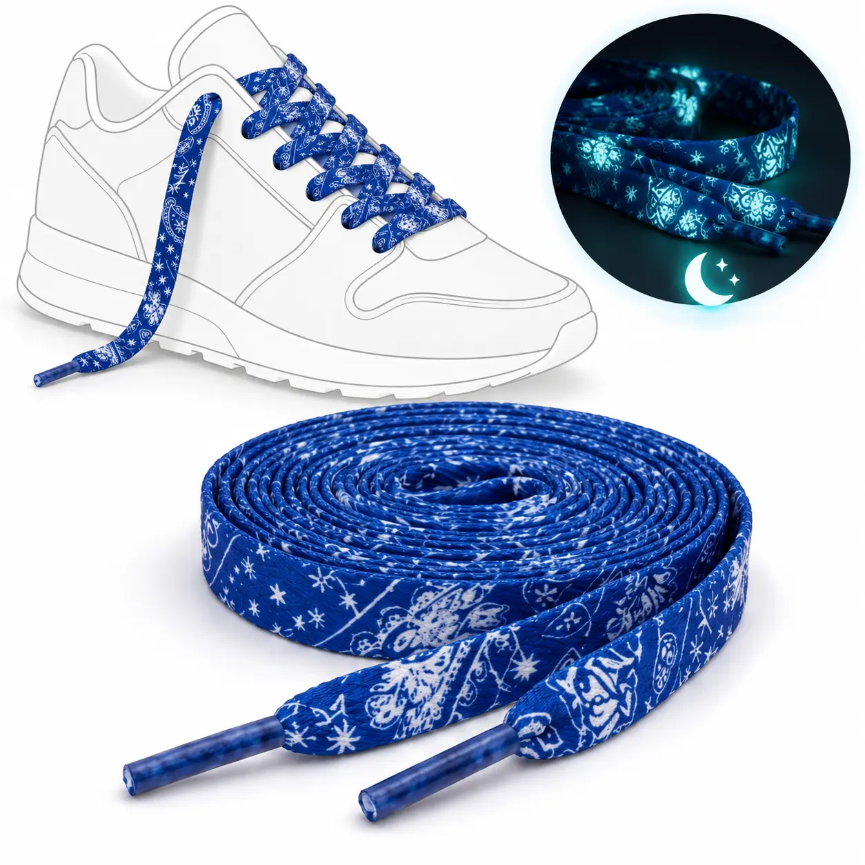 Blue Gradient Paisley Glow in the Dark Shoelaces – Luminous Patterned Laces