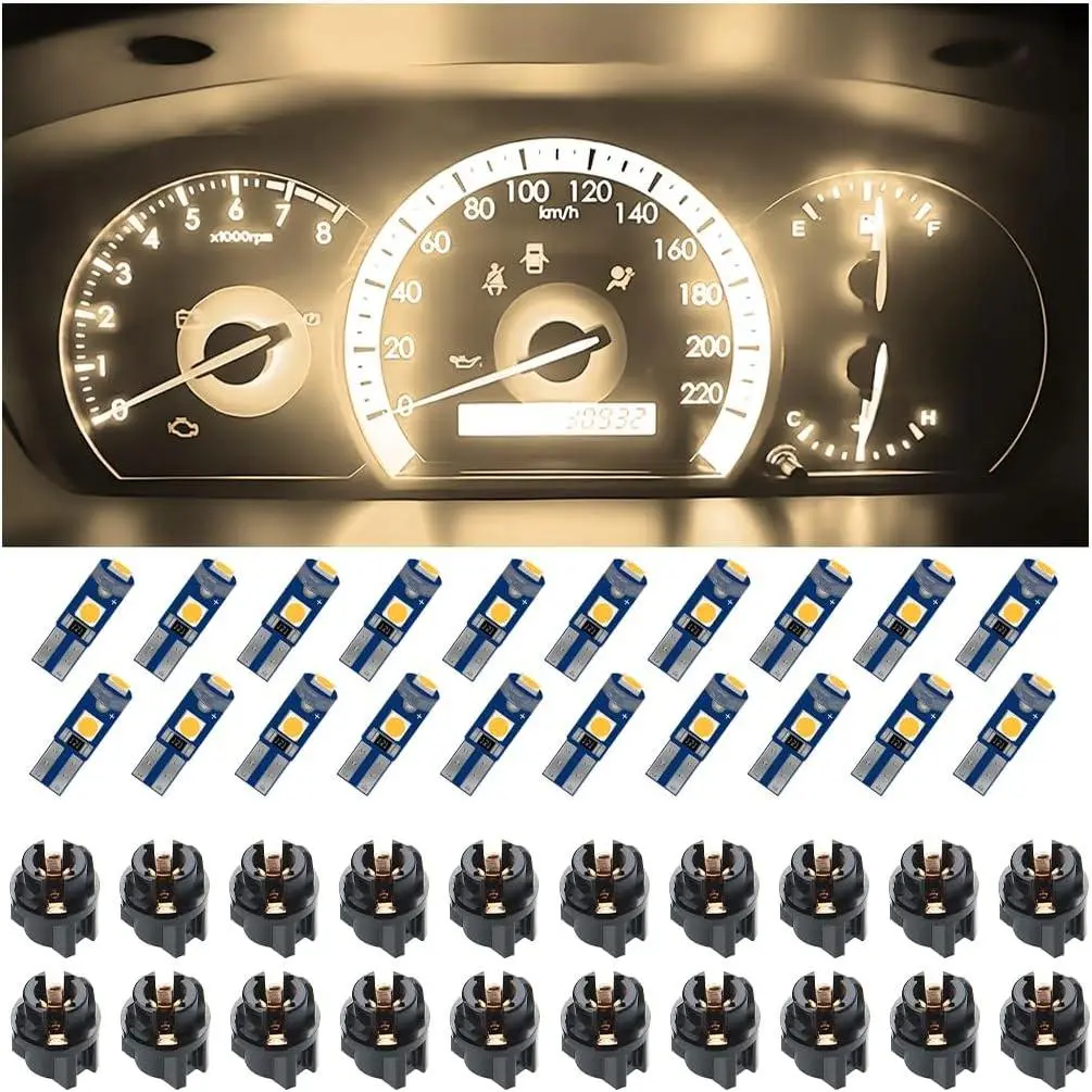 20PCS Car Dashboard T5 LED Lights, Super Bright Auto Instrument Panel 3030-3SMD Bulb Replacement, Vehicle Gauge Cluster Indicator Accessories, Universal for RV, SUV, Truck (Warm White)