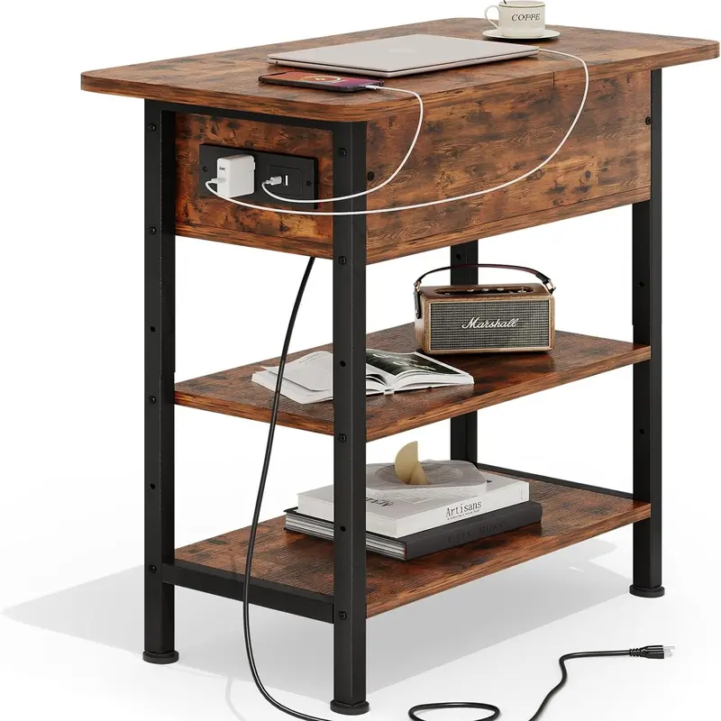 【Fall Flash Sale Home Items】Industrial 3-Tier Rectangular Nightstand with Drawers - Flip-Top, Charging Station, USB Ports, 60lb Capacity, Adjustable Feet, Bedroom Furniture for Small Spaces, Requires Assembly (Household Item, Room Decor)