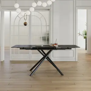 Retractable Sintered Stone Dining Table, Modern Rectangular Design, with Black Carbon Steel Legs at the Bottom, 83 Inches Suitable for 6-8 Seats (Black)