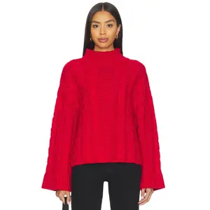 525 America Adalynn Oversized Chunky Cable Mock Neck Pullover in True Red
