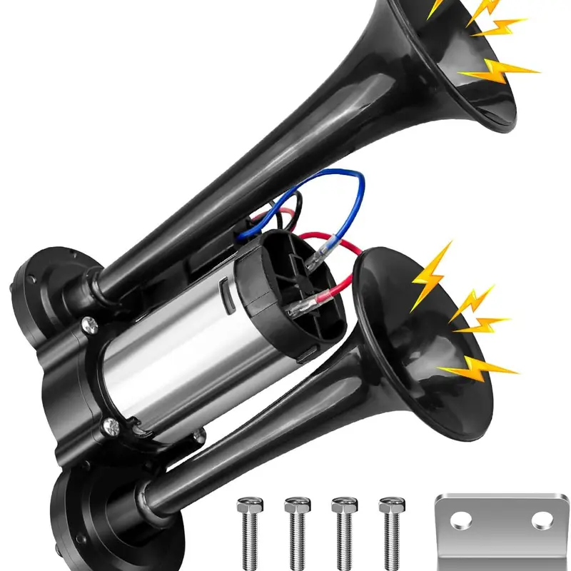 12V Super Loud Dual Electric Air Horns Kit with Compressor Applicablefor Any 12V Vehicles SUV Truck Car Airhorns Horn Loud Motorcycle Trucks Boats Trains Speaker (Black)