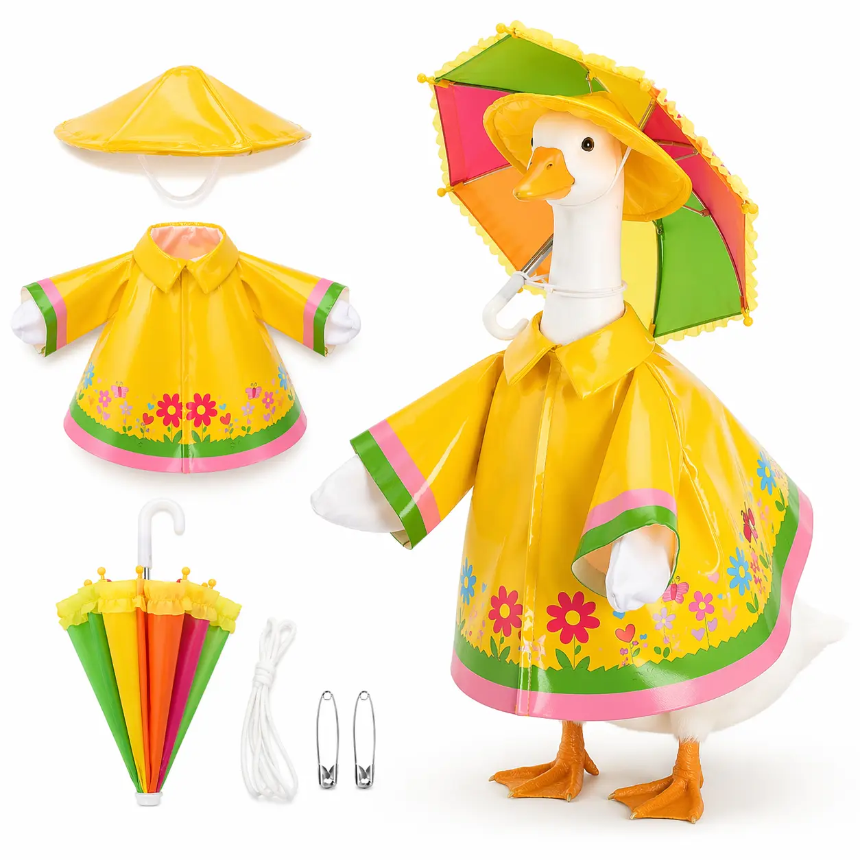 Summer Porch Goose Outfit Raincoat with Umbrella for 23 inch Plastic Cement Goose(not included goose), Porch Goose Clothes Porch Goose Costume for Spring Porch Decor Summer Rainy Season