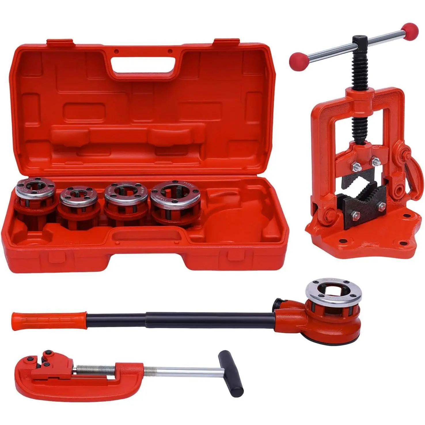 BSPT Threads Ratchet Pipe Threader Kit, Construction Burr-Free Cutter, 5 Dies (1/4", 3/8", 1/2", 3/4", 1") & Storage Case for Home Galvanized Pipe Equipment Installation