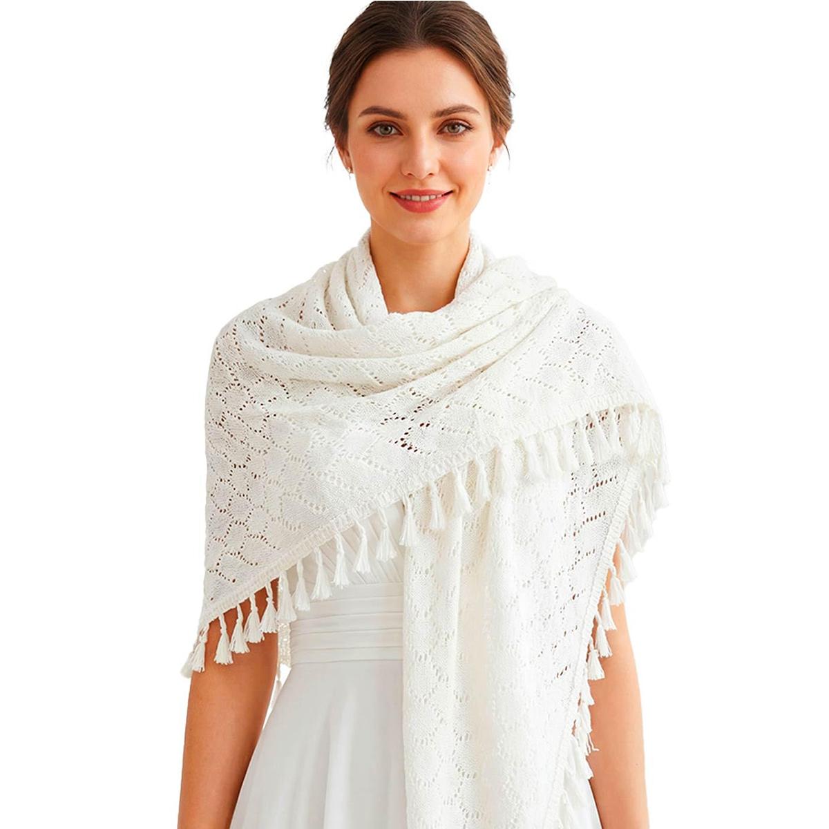 AWAYTR Women Knit Shawl Wraps Boho Fringe Crochet Hollow Poncho Scarf Shawls for Wedding