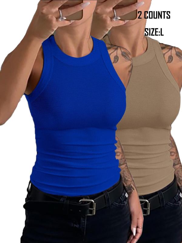 2 Counts Women's Solid Round Neck Tank Top, Casual Sleeveless Top for Summer, Ladies Clothes for Daily Wear 2 Counts Women's Solid Round Neck Tank Top, Casual Sleeveless Top for Summer, Ladies Clothes for Daily Wear