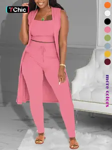 Three-Piece Set Women's Solid Crop Tank Top & Tie Front Pants & Open Front Outerwear Set Suits, Casual Cropped Top & High Waist Trousers & Outerwear, Ladies Clothes for Daily Wear