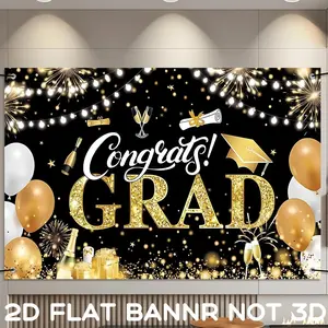 Graduation Party Backdrop, Congrats Grad Gold Glitter Photo Booth Background, Grad Party Decorations for High School College University