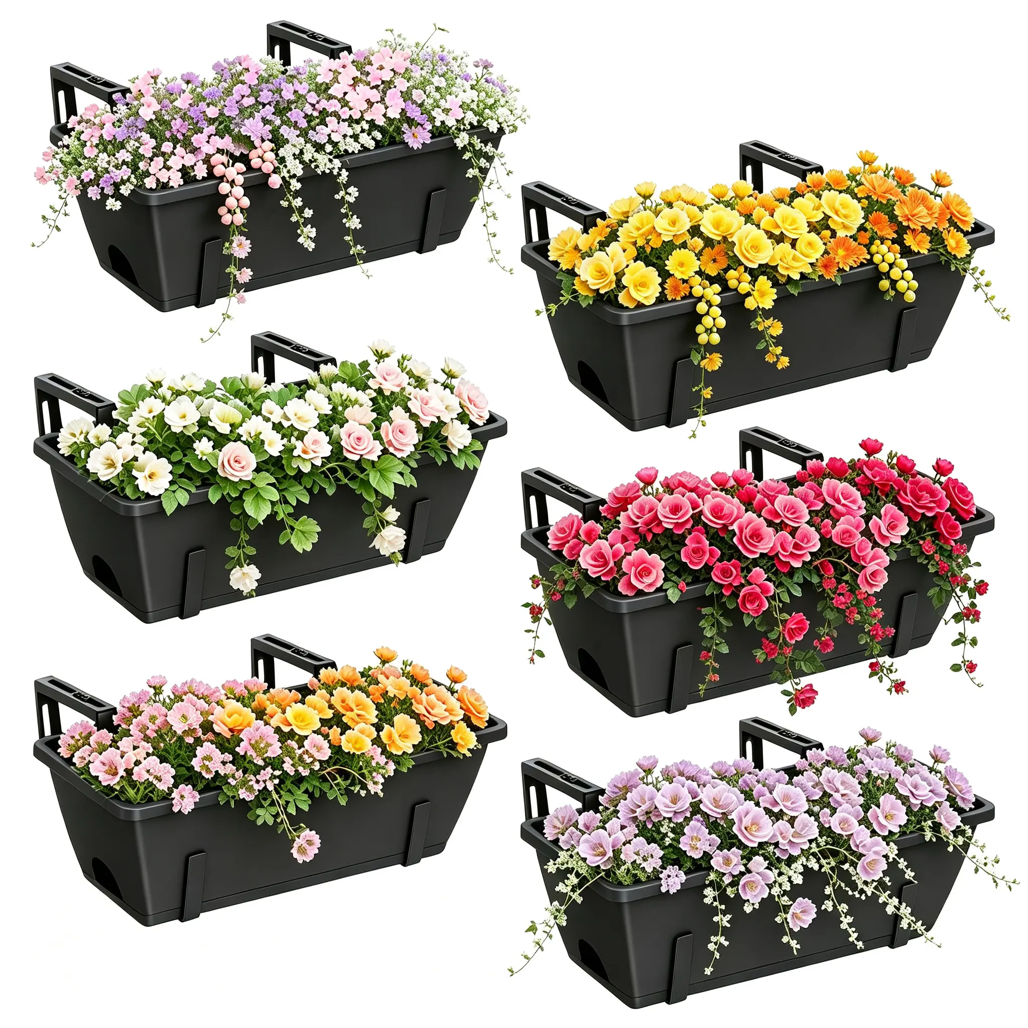 6-Pack Reusable Plastic Pots for Plants - Rectangle Window Planter Boxes, Hanging Indoor-Outdoor Containers with Adjustable Railing Brackets, Self-Watering Trays & Built-In Drain for Decor, Vegetables, Succulents