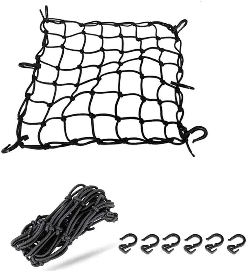 Black 15"X15" Motorcycle Cargo Net Featuring 6 Adjustable Hooks & Tight 2''X2'' Mesh Stretch up to 30'' X 30'' for Cargo Helmet Net Ruianzhida