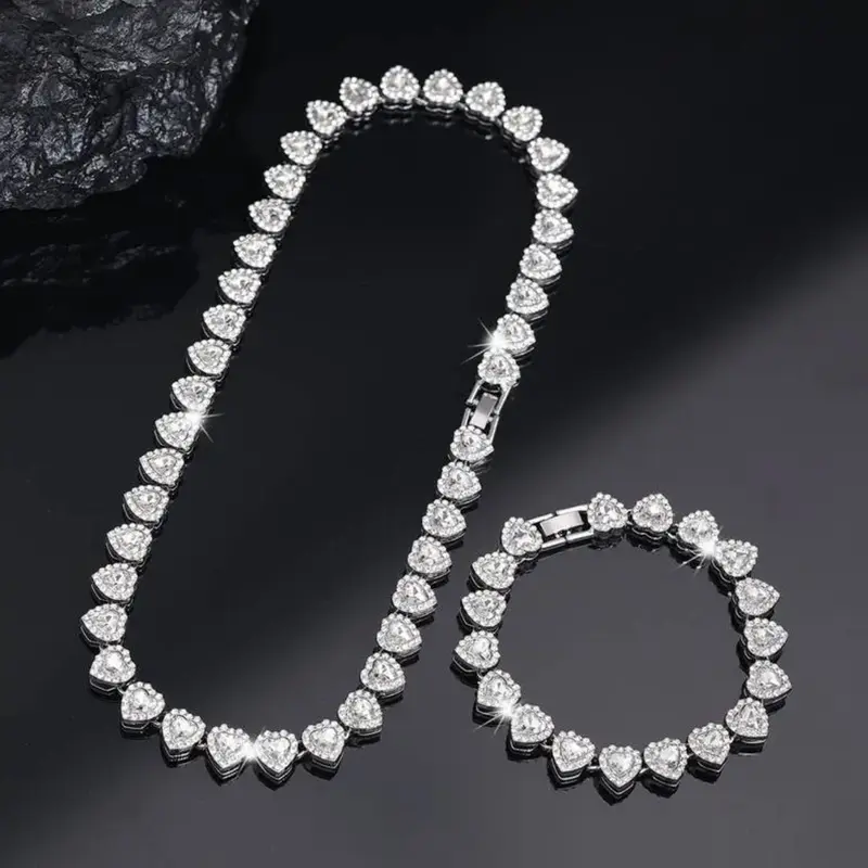 2pc Rhinestone Heart-Shaped Cuban Chain Necklace Set with Clasp - Gold Jewelry, Gifts for Women, Accessories for Women, Exquisite Craftsmanship, Suitable for Daily & Formal Occasions
