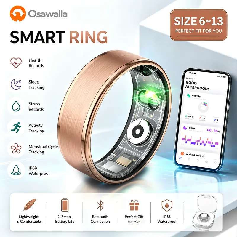 OSAWALLA 2026 New Wireless Stainless Steel Smart Ring - Wearable Sport Fitness Tracker for Men, 5ATM Waterproof, Bluetooth, iOS&Android Compatible, Sleep&Blood Oxygen Monitor, No App Subscription, Long-Lasting Battery, Wireless Charger, Casual Durability