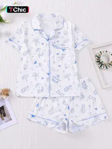 Women's Ocean Beach Printed Sleepwear Pajama Set, Short Sleeve Lapel Cardigan Top & Loose Elastic Shorts, Casual All-Season Loungewear