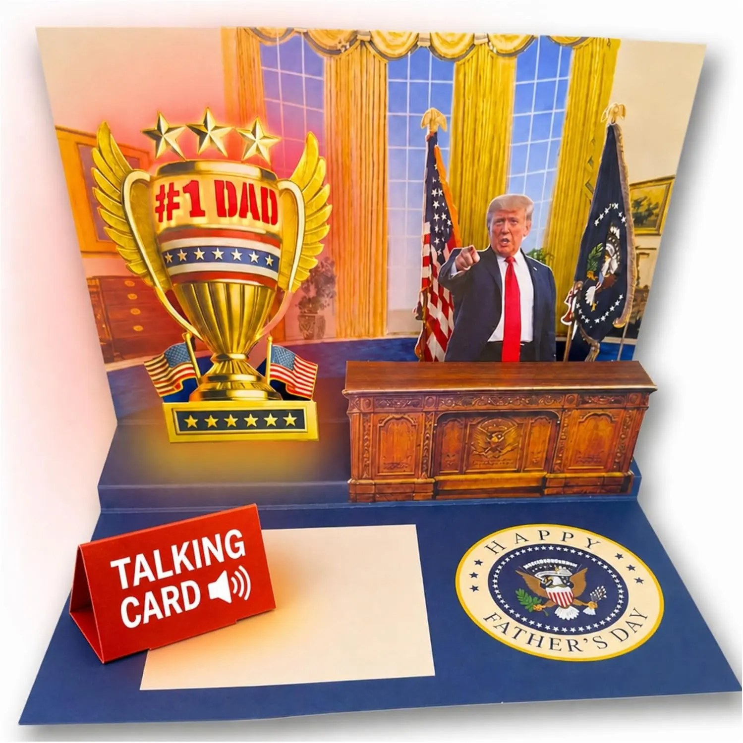 Donald Trump Talking Pop-Up Fathers Day Card with Lights & Sound - Real Trump Voice Playback, Funny Patriotic 3D Oval Office Card - Novelty fathersdaygift for Dad from Child or Mom