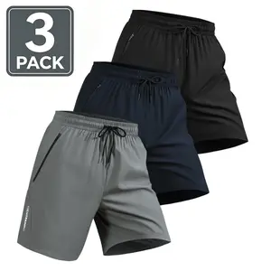 3-Pack Men’s Lightweight Quick-Dry Shorts, Elastic Waist Drawstring, Fitness Training Casual Bermuda Shorts