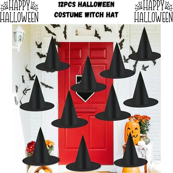 12 PCS Halloween Witch Hats for Kids & Adults, Black Costume Hats with Hanging Rope, Halloween Party Favors, Cosplay Costume Accessories & Home Decorations