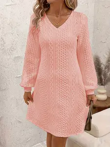 Pure Color Soft Knit Fabric Lantern Sleeve Long Sleeve V Neck A-Line Knee-Length Knitted Dress, Chic, Fall Winter New, Perfect for Autumn and Winter Seasons