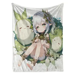 Anime Style Flannel Fleece Throw Blanket Custom Printed Soft Plush Blanket Cute Green Hair Character Blanket for Sofa Bed Gift