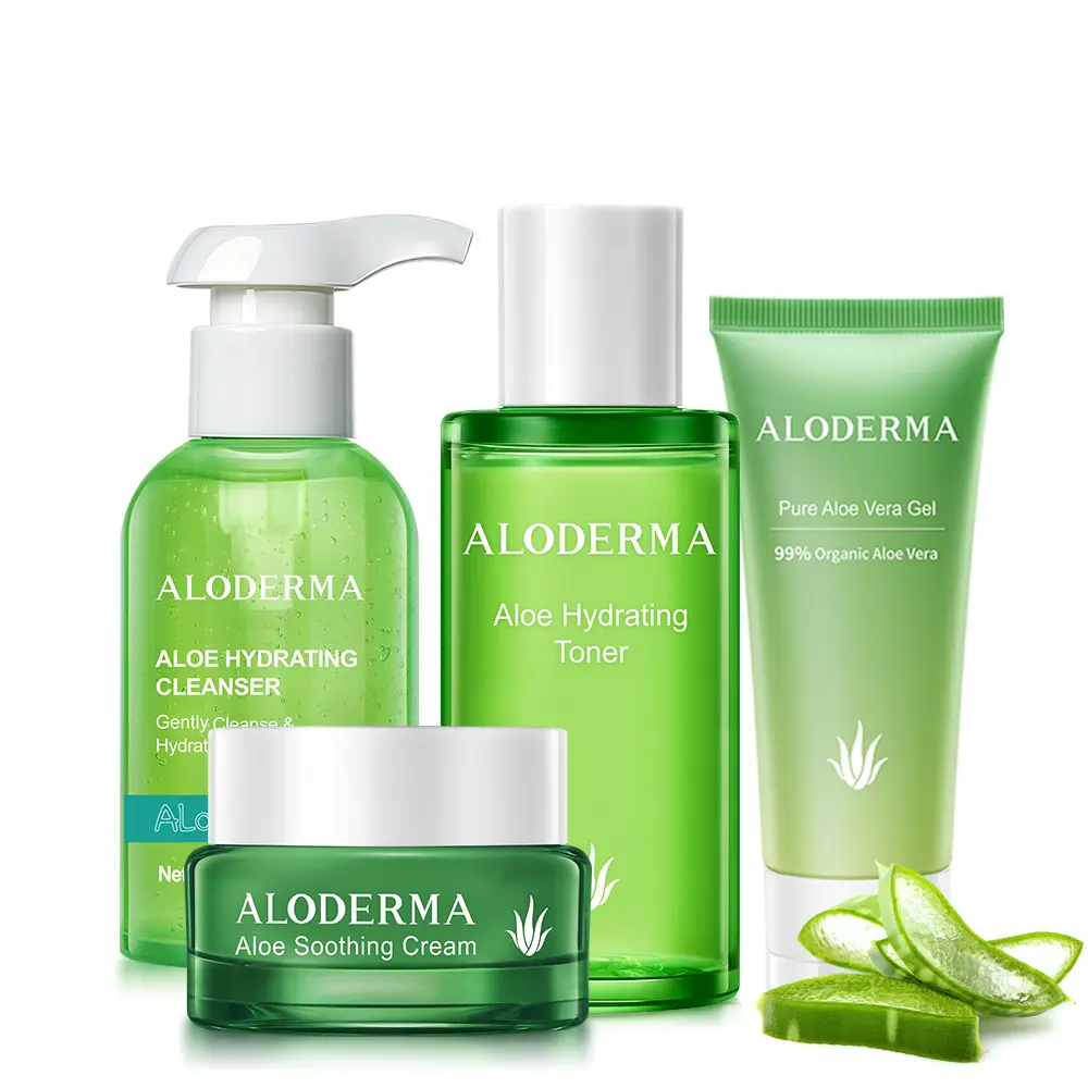 Aloderma Essential Aloe Soothing 4-Piece Skincare Set, Organic Chamomile & Hyaluronic Acid Hydrating Gel Moisturizers & Mists, Beta Glucan, 4 Piece Set, Nourishing, Naturally Derived, Sensitive, Moisture, Unisex, Hydration
